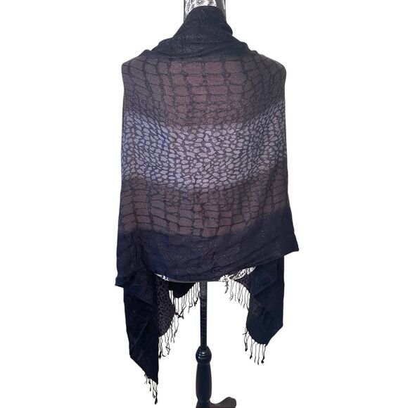 Black Gray Animal Print Lightweight Shawl Scarf Ombre Wrap Metallic Fringe - Picture 2 of 10